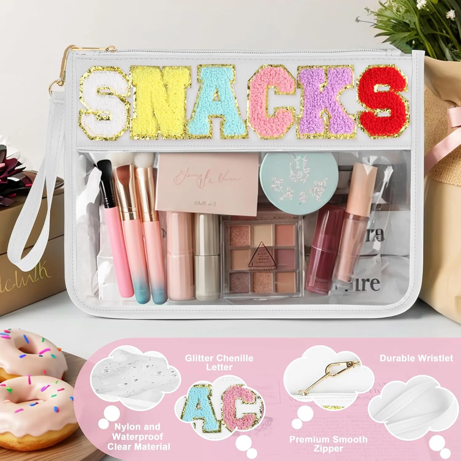 2 PCS Snack Bags Clear Pouch Travel Makeup Bag Chenille Letter Bags for Zipper Pouch Clear Cosmetic Bag Clear Tote Bag Makeup Travel Bag for Women Girls (White Pink)