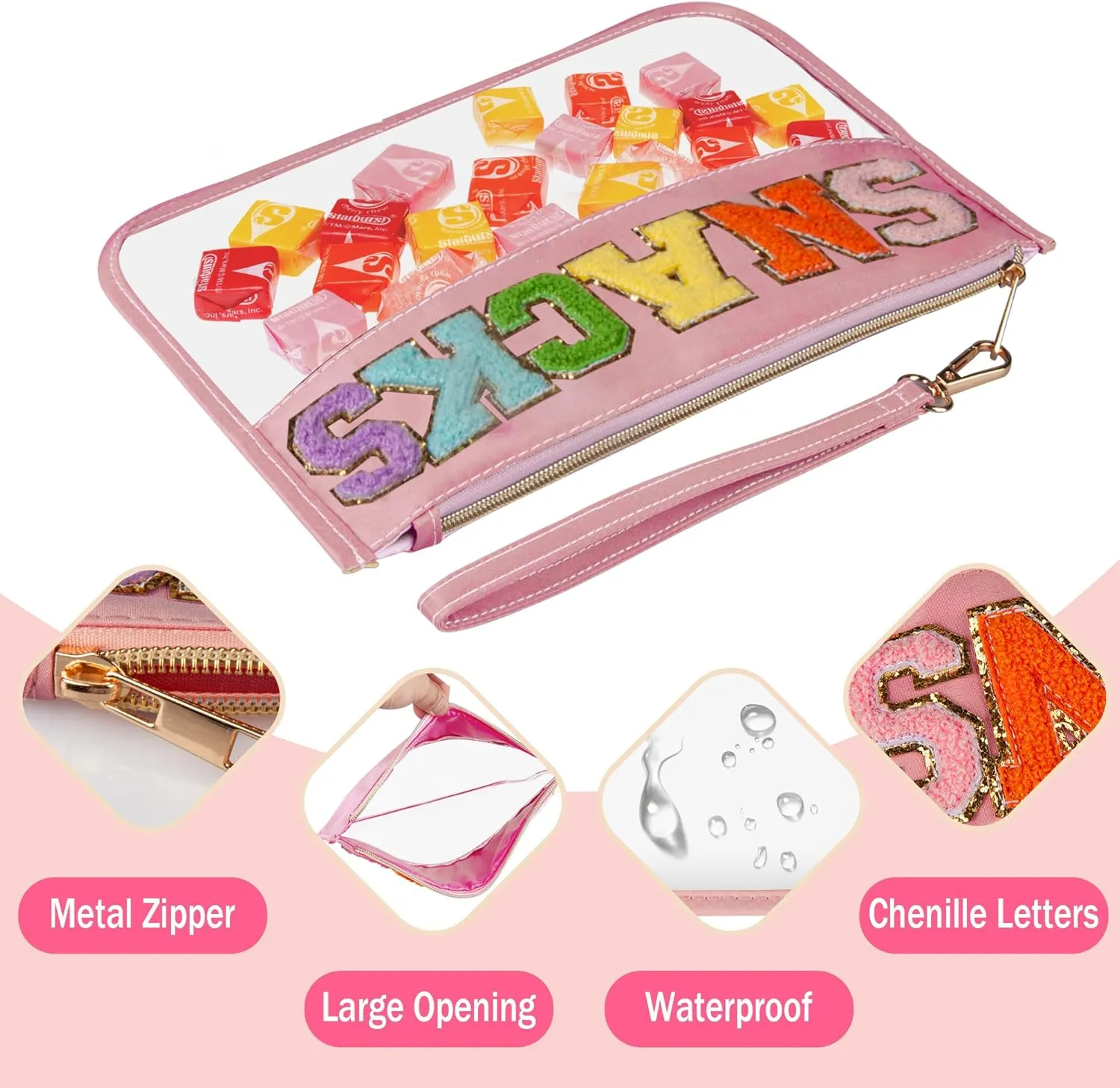 2 Pcs Travel Makeup Letter Bags with Zipper, Waterproof Transparent PVC Cosmetic Bag, Cute Snacks Bag Portable Stuff Bag for Women (Pink SNACKS White TRAVEL)