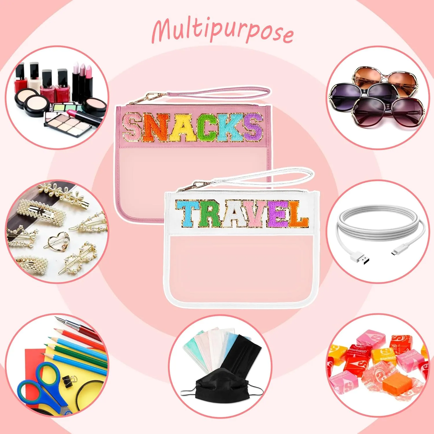 2 Pcs Travel Makeup Letter Bags with Zipper, Waterproof Transparent PVC Cosmetic Bag, Cute Snacks Bag Portable Stuff Bag for Women (Pink SNACKS White TRAVEL)