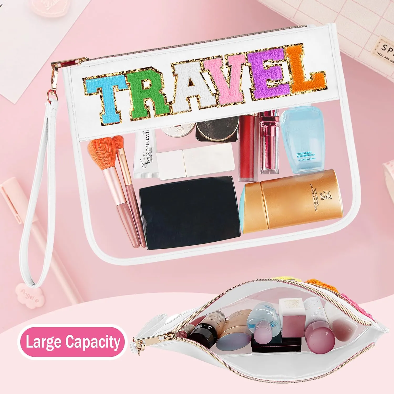 2 Pcs Travel Makeup Letter Bags with Zipper, Waterproof Transparent PVC Cosmetic Bag, Cute Snacks Bag Portable Stuff Bag for Women (Pink SNACKS White TRAVEL)