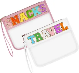 2 Pcs Travel Makeup Letter Bags with Zipper, Waterproof Transparent PVC Cosmetic Bag, Cute Snacks Bag Portable Stuff Bag for Women (Pink SNACKS White TRAVEL)