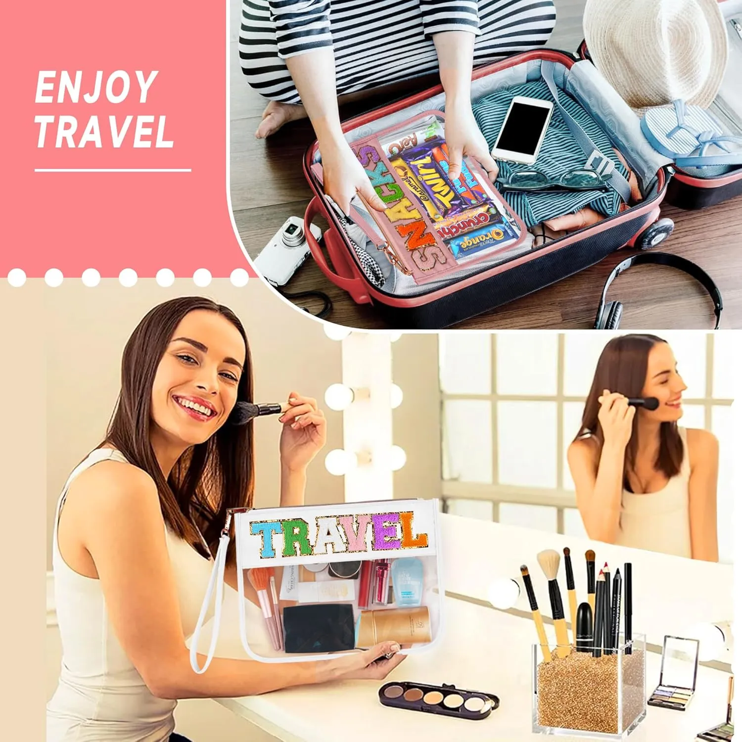 2 Pcs Travel Makeup Letter Bags with Zipper, Waterproof Transparent PVC Cosmetic Bag, Cute Snacks Bag Portable Stuff Bag for Women (Pink SNACKS White TRAVEL)