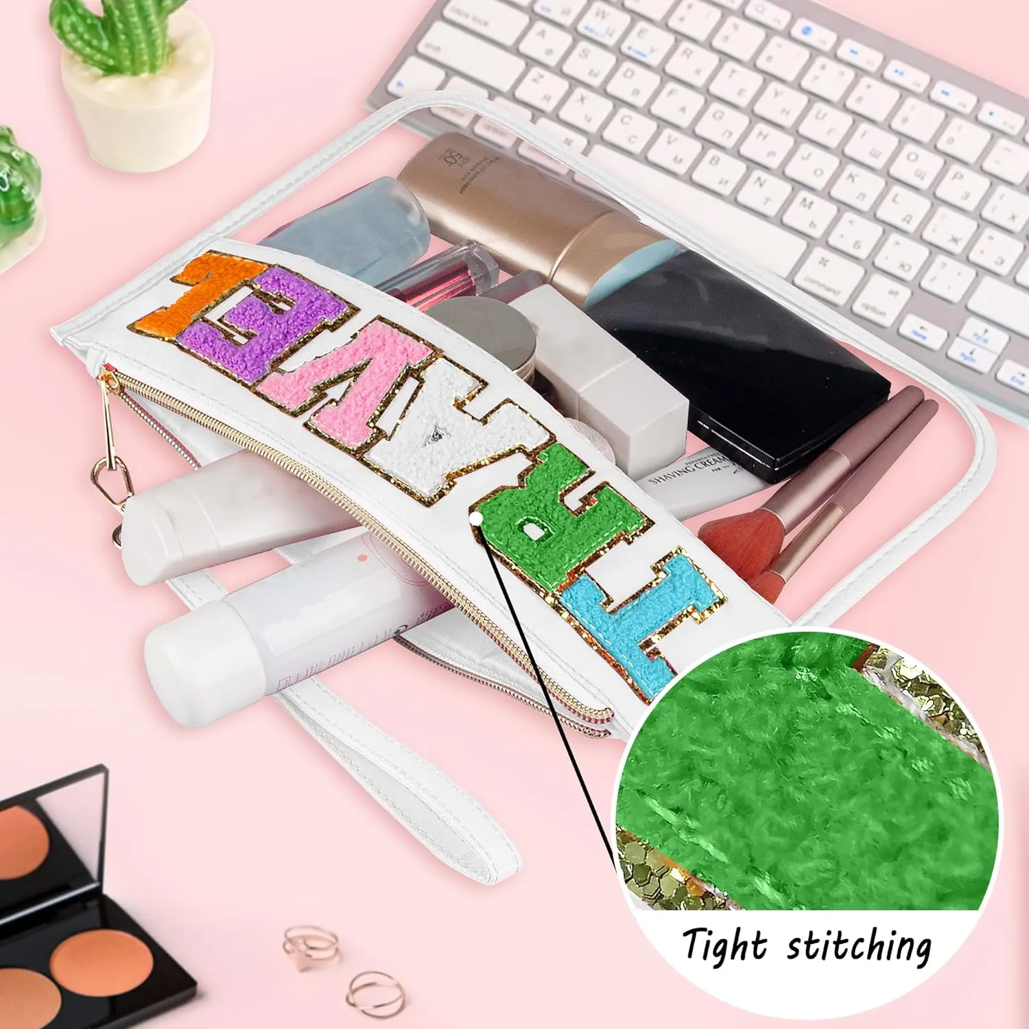 2 Pcs Travel Makeup Letter Bags with Zipper, Waterproof Transparent PVC Cosmetic Bag, Cute Snacks Bag Portable Stuff Bag for Women (Pink SNACKS White TRAVEL)