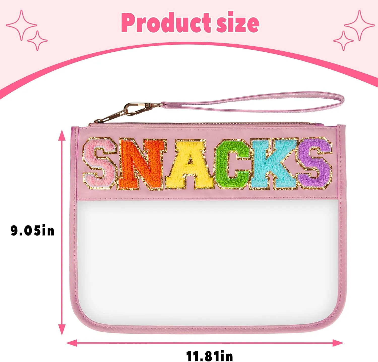 2 Pcs Travel Makeup Letter Bags with Zipper, Waterproof Transparent PVC Cosmetic Bag, Cute Snacks Bag Portable Stuff Bag for Women (Pink SNACKS White TRAVEL)