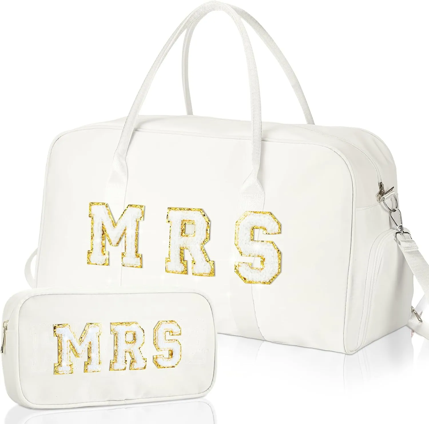 2 Pcs Wedding Weekender Bag Bride Groom Duffle Bag Chenille Letter Patch Travel Bag for Bridal Shower Honeymoon Gift (MRS)