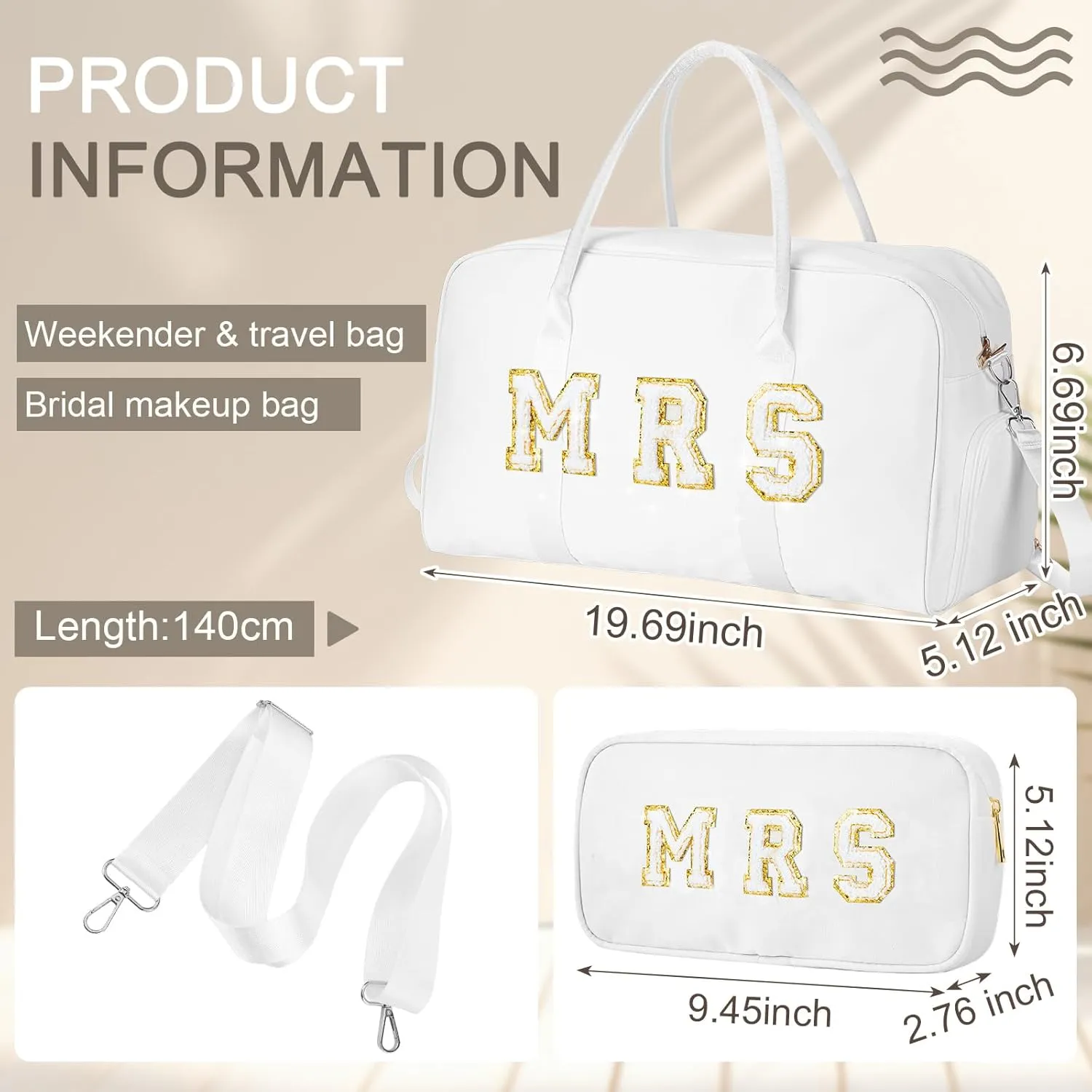 2 Pcs Wedding Weekender Bag Bride Groom Duffle Bag Chenille Letter Patch Travel Bag for Bridal Shower Honeymoon Gift (MRS)