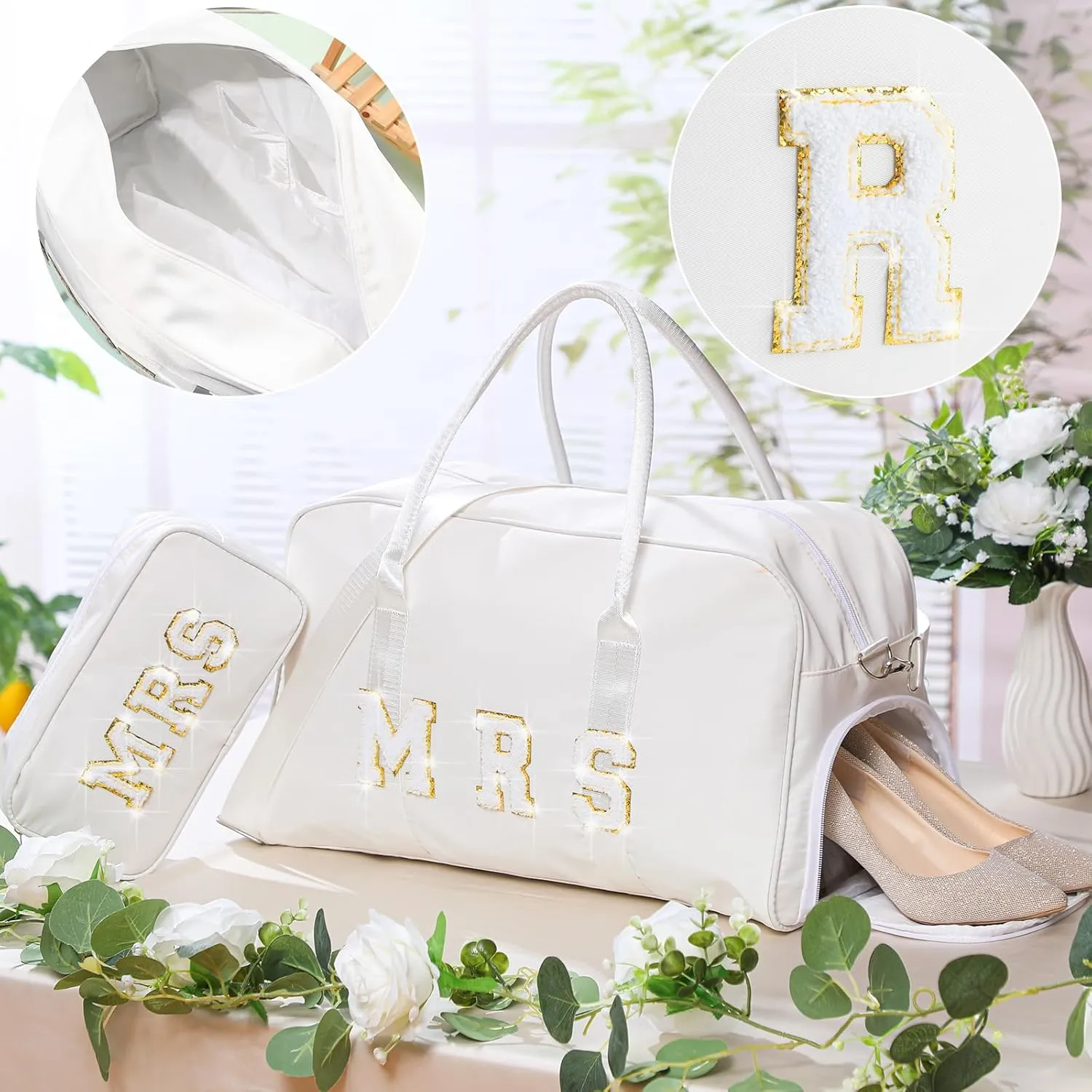 2 Pcs Wedding Weekender Bag Bride Groom Duffle Bag Chenille Letter Patch Travel Bag for Bridal Shower Honeymoon Gift (MRS)