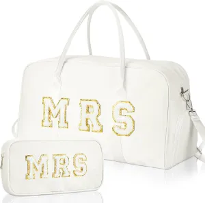 2 Pcs Wedding Weekender Bag Bride Groom Duffle Bag Chenille Letter Patch Travel Bag for Bridal Shower Honeymoon Gift (MRS)