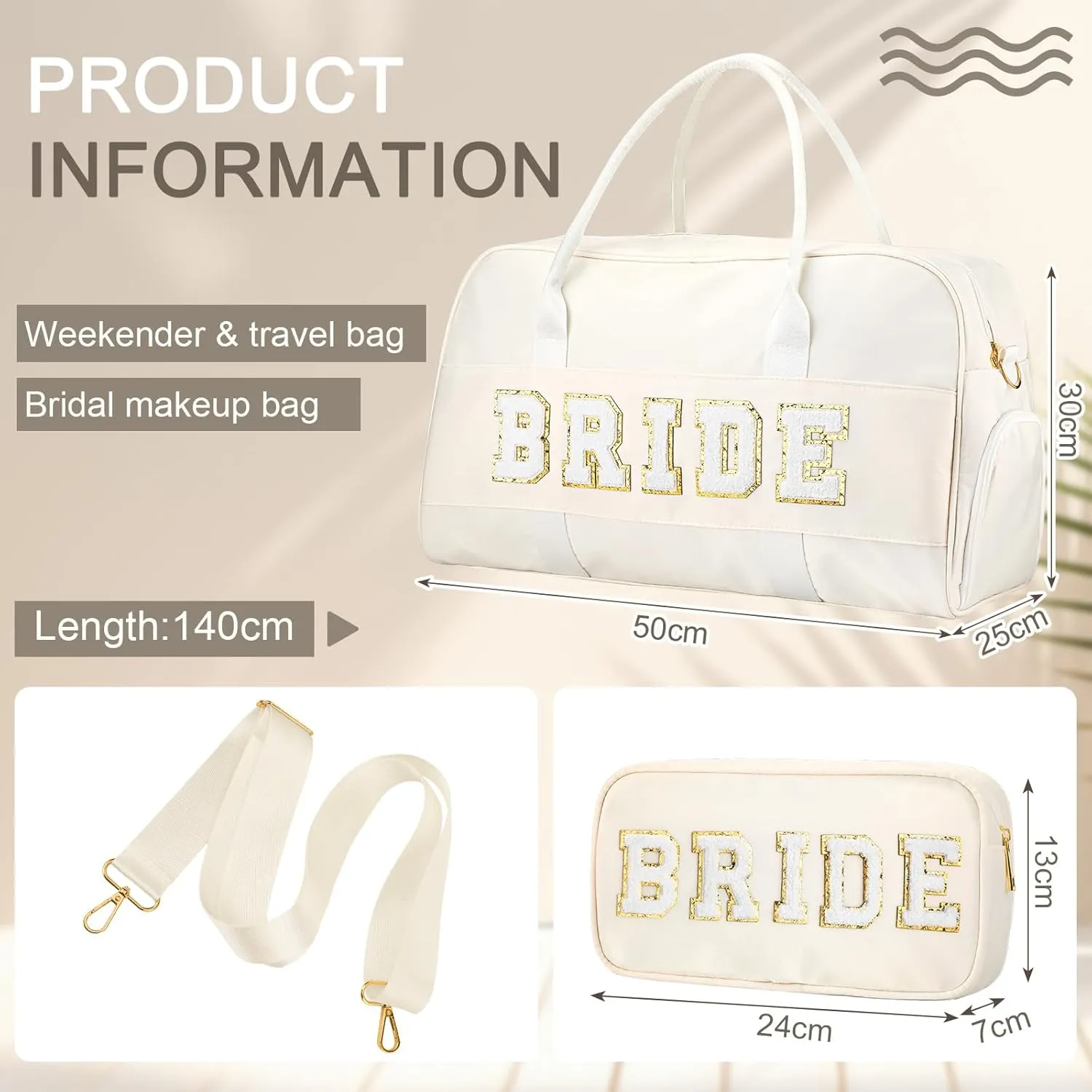 2 Pcs Wedding Weekender Bag Bride Groom Duffle Bag Chenille Letter Patch Travel Bag for Bridal Shower Honeymoon Gift(BRIDE)