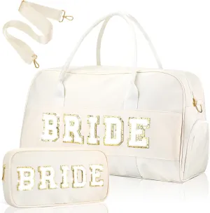 2 Pcs Wedding Weekender Bag Bride Groom Duffle Bag Chenille Letter Patch Travel Bag for Bridal Shower Honeymoon Gift(BRIDE)