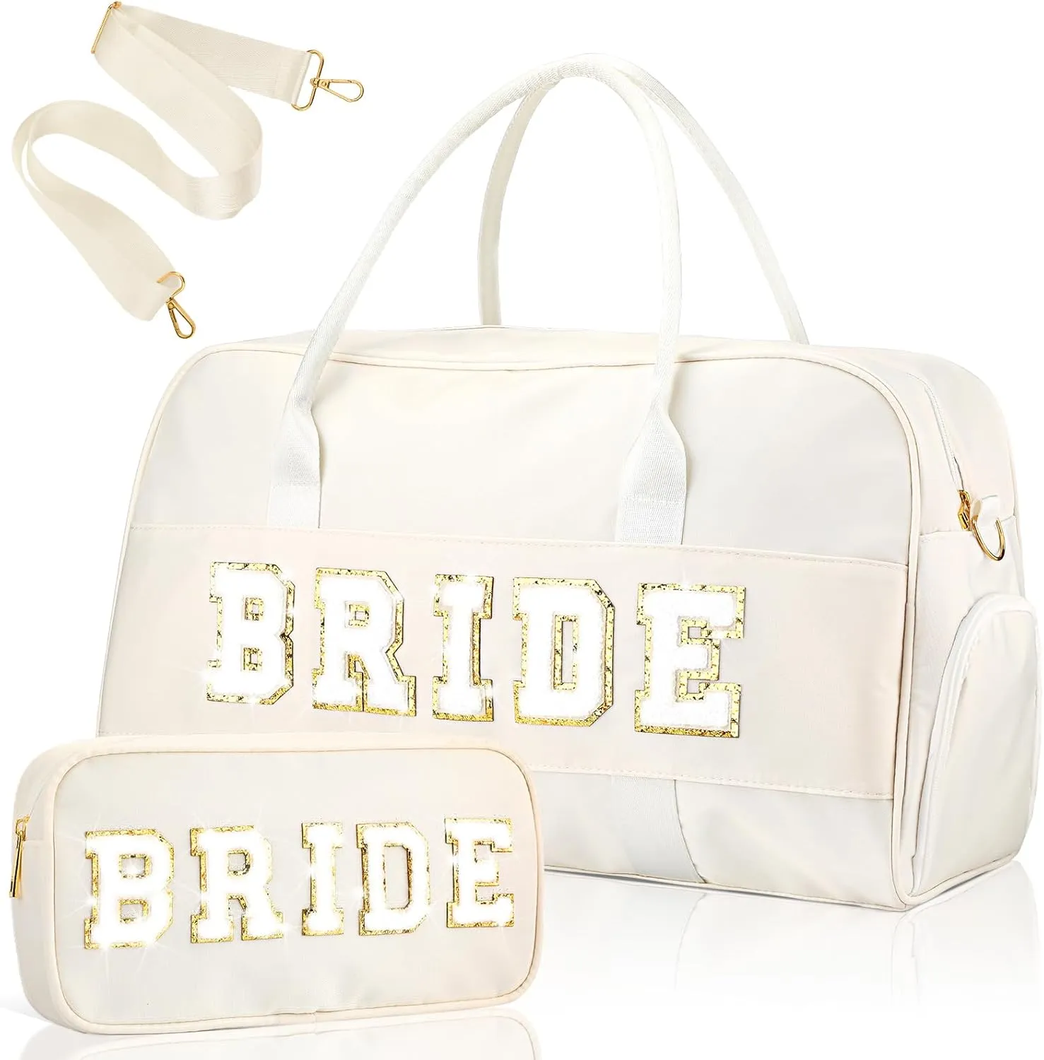 2 Pcs Wedding Weekender Bag Bride Groom Duffle Bag Chenille Letter Patch Travel Bag for Bridal Shower Honeymoon Gift(BRIDE)