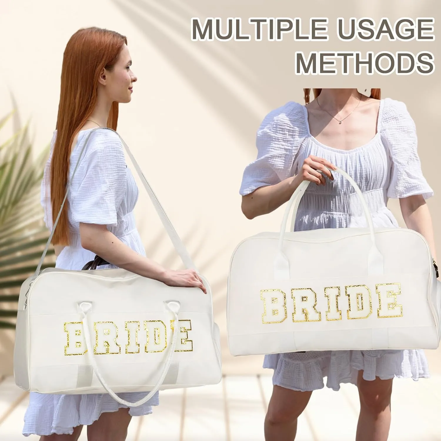 2 Pcs Wedding Weekender Bag Bride Groom Duffle Bag Chenille Letter Patch Travel Bag for Bridal Shower Honeymoon Gift(BRIDE)