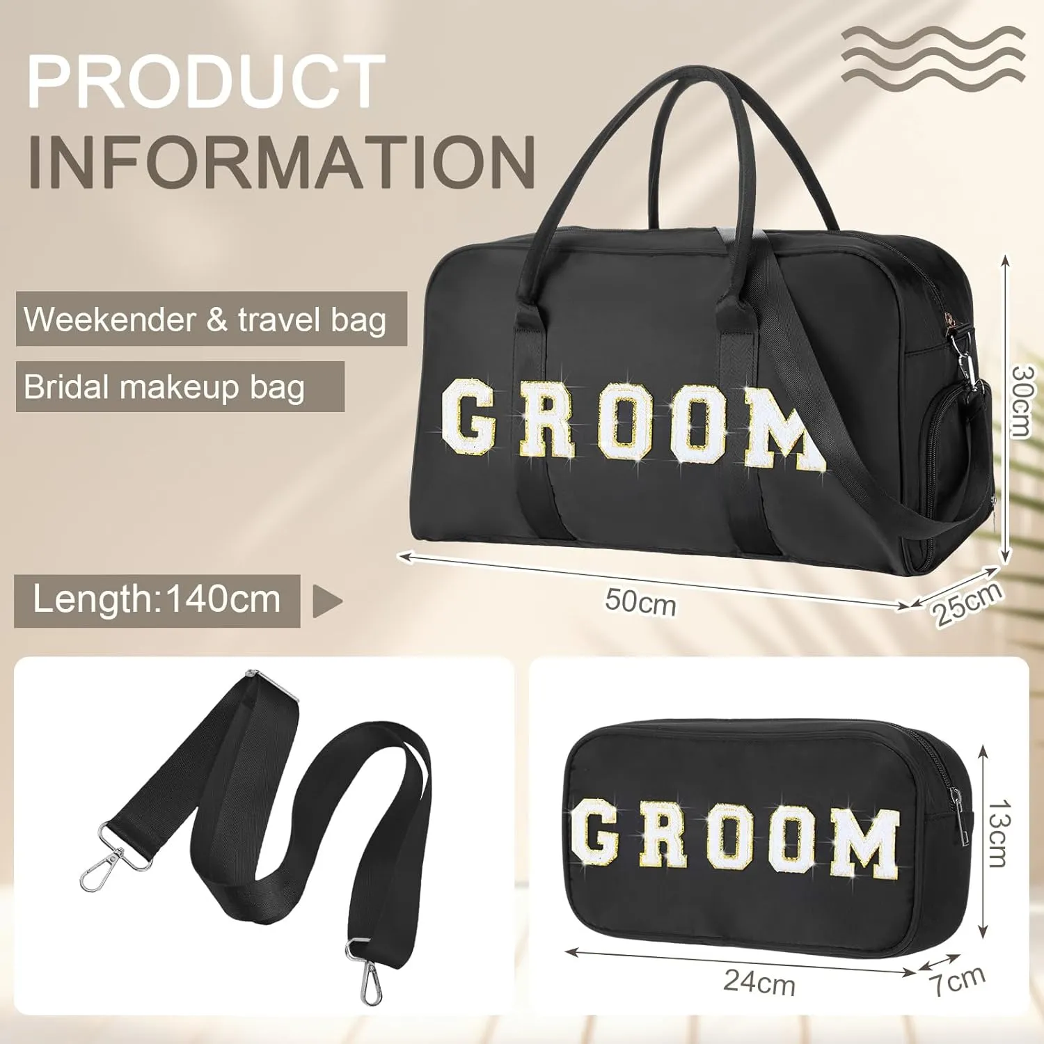 2 Pcs Wedding Weekender Bag Bride Groom Duffle Bag Chenille Letter Patch Travel Bag for Bridal Shower Honeymoon Gift(GROOM)