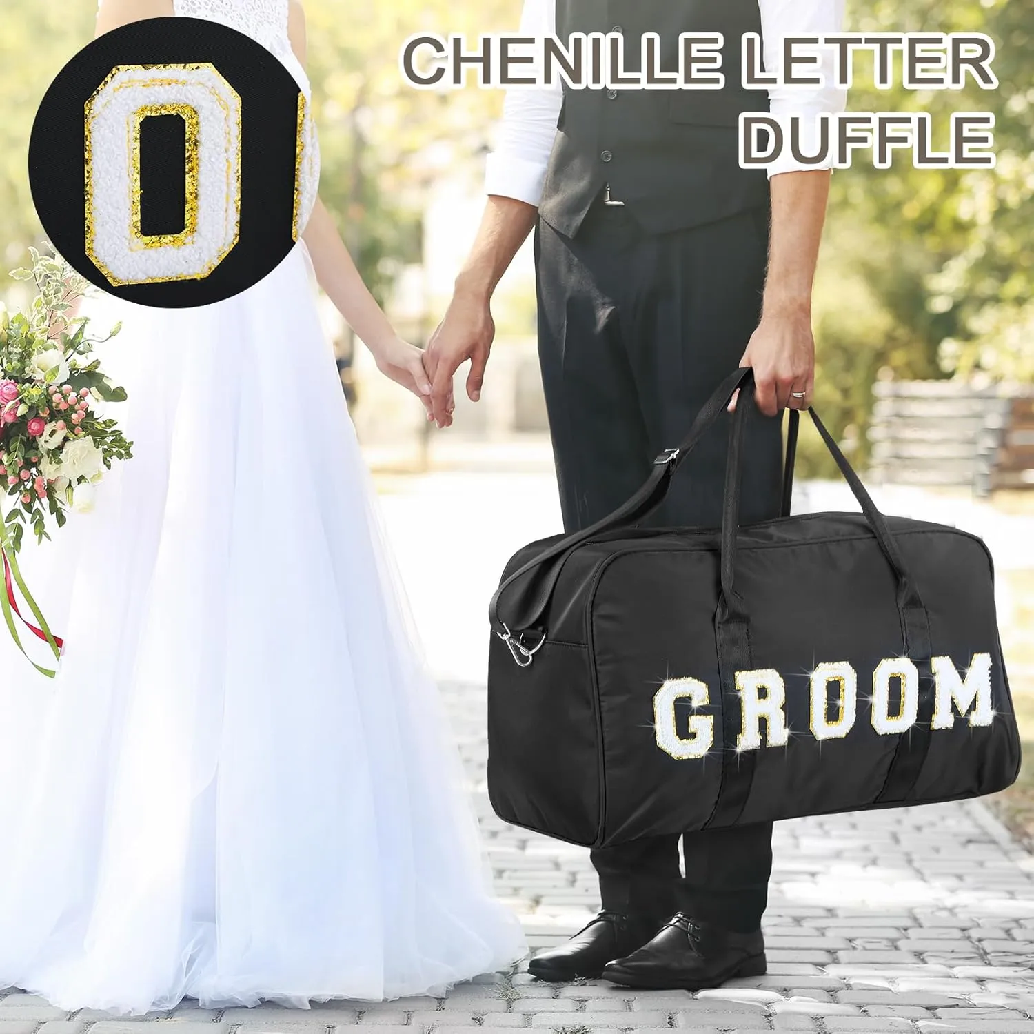 2 Pcs Wedding Weekender Bag Bride Groom Duffle Bag Chenille Letter Patch Travel Bag for Bridal Shower Honeymoon Gift(GROOM)