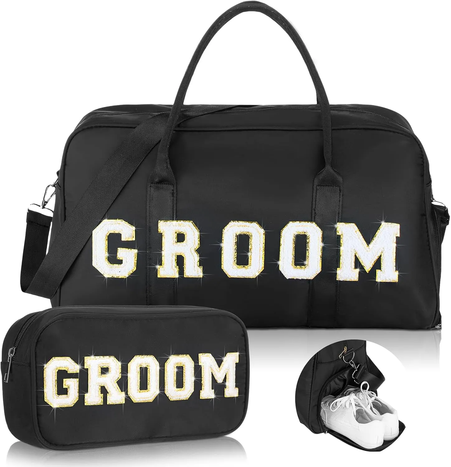 2 Pcs Wedding Weekender Bag Bride Groom Duffle Bag Chenille Letter Patch Travel Bag for Bridal Shower Honeymoon Gift(GROOM)