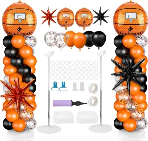 2 Sets Basketball Balloon Column Stand Kit Balloon Arch with Adjustable Stands Tower Kit 100 Latex Balloons Star Foil Balloons for Basketball Birthday Party Decorations