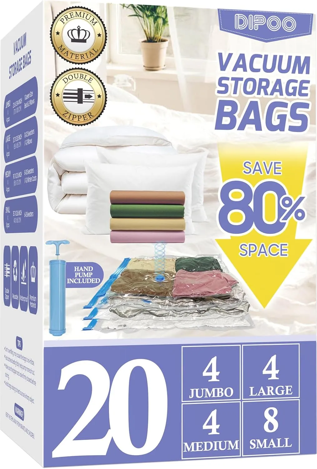 20 Pack Vacuum Storage Bags with Hand Pump, 4 Jumbo/4 Large/4 Medium/8 Small 80% Storage Space Saving, Sturdy Leak-Free Space Saver Vacuum Seal Bags for Clothing, Vacuum Compression Bags for Travel