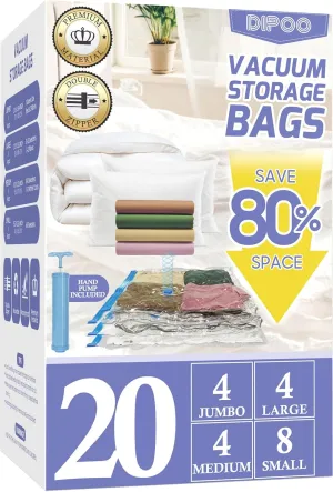 20 Pack Vacuum Storage Bags with Hand Pump, 4 Jumbo/4 Large/4 Medium/8 Small 80% Storage Space Saving, Sturdy Leak-Free Space Saver Vacuum Seal Bags for Clothing, Vacuum Compression Bags for Travel