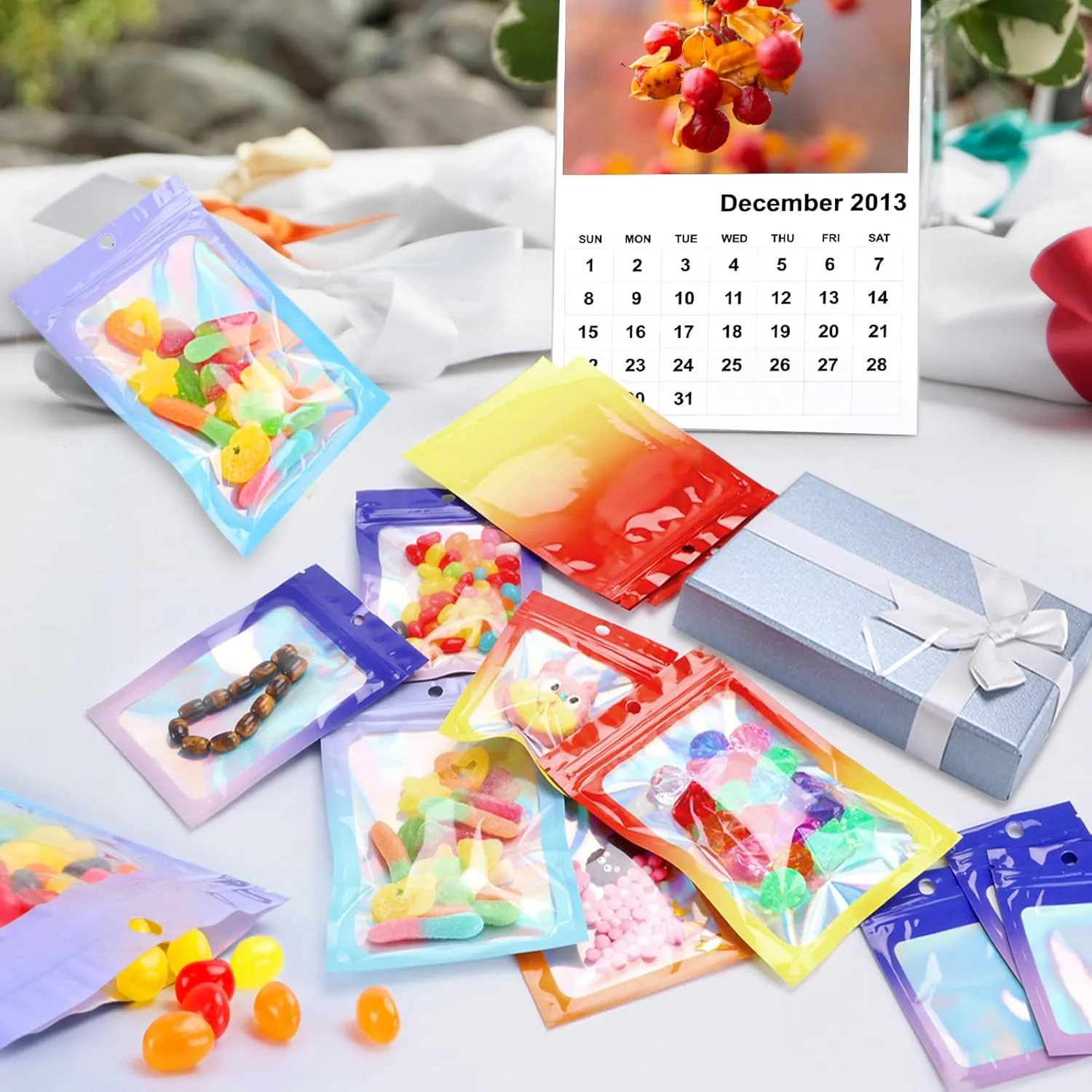 200 Pcs Reusable Rectangular Mylar Zip Lock Bags, Holographic Packaging with Clear Window, Food Storage Foil Pouch Sample Bags, 4.7X7 IN Light Blue & Orange