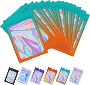 200 Pcs Reusable Rectangular Mylar Zip Lock Bags, Holographic Packaging with Clear Window, Food Storage Foil Pouch Sample Bags, 4.7X7 IN Light Blue & Orange