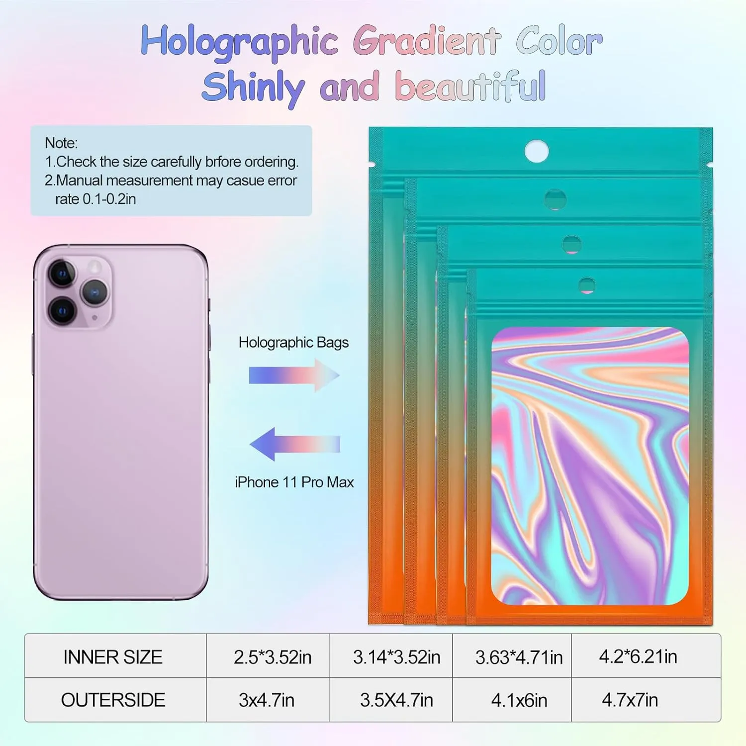 200 Pcs Reusable Rectangular Mylar Zip Lock Bags, Holographic Packaging with Clear Window, Food Storage Foil Pouch Sample Bags, 4.7X7 IN Light Blue & Orange