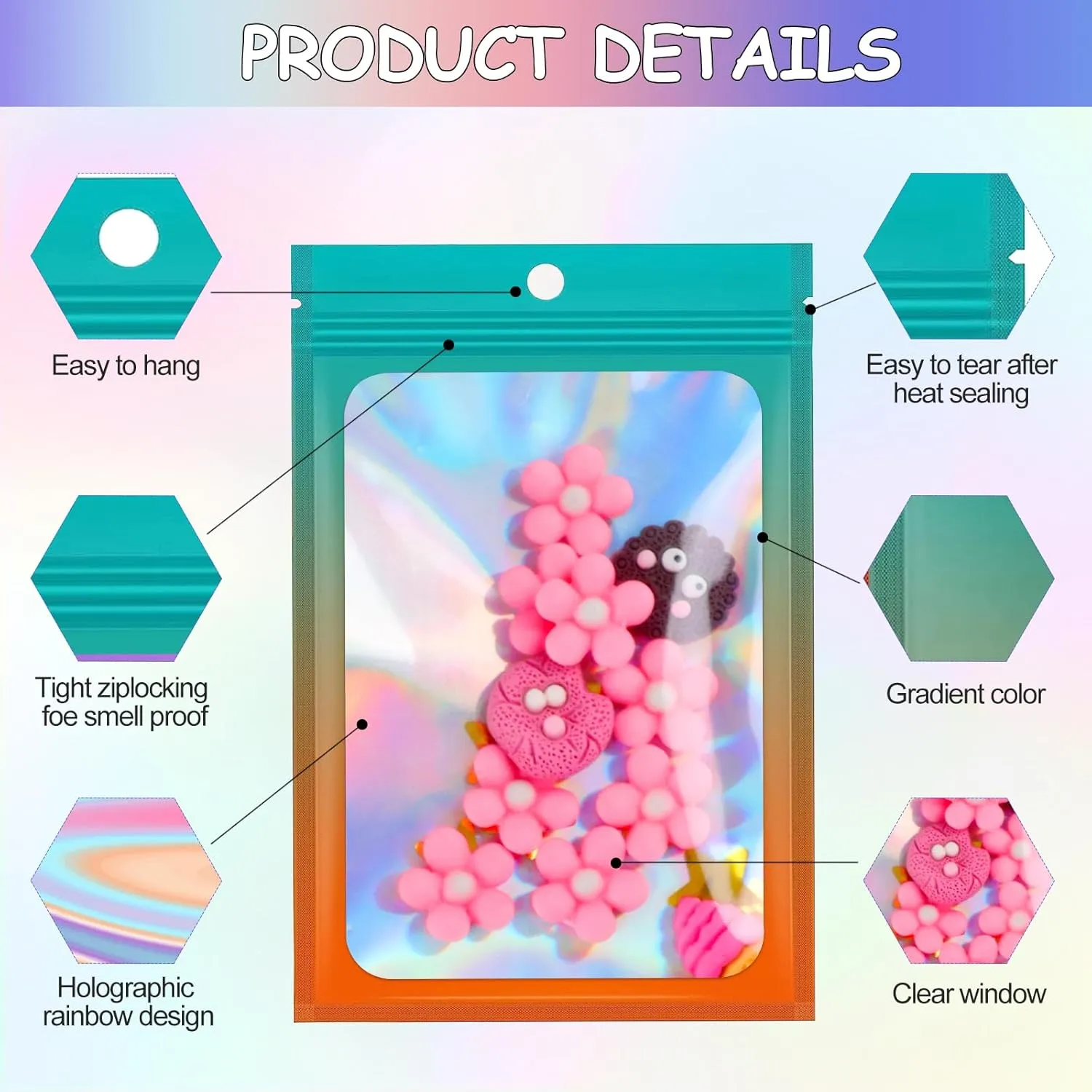 200 Pcs Reusable Rectangular Mylar Zip Lock Bags, Holographic Packaging with Clear Window, Food Storage Foil Pouch Sample Bags, 4.7X7 IN Light Blue & Orange