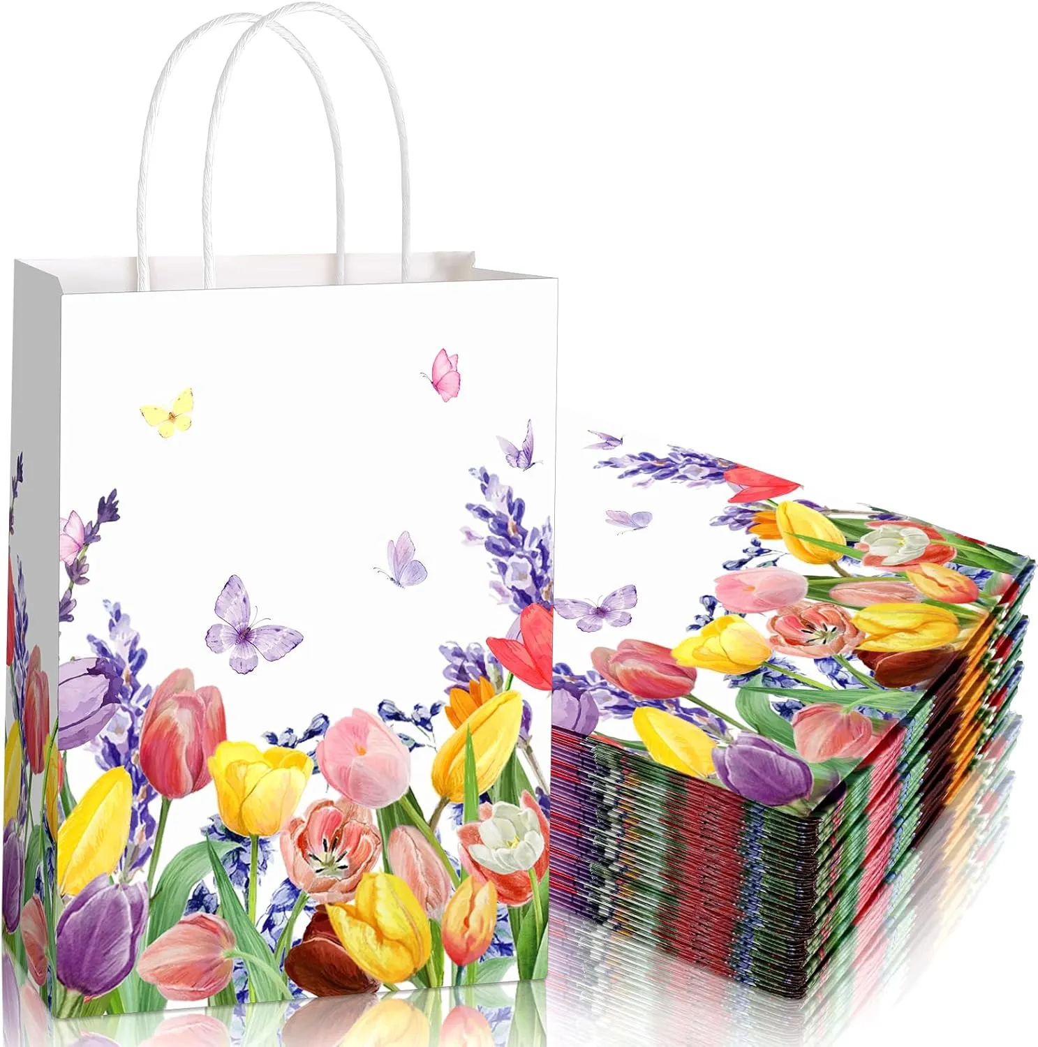 24 Spring Tulips Lavender Floral Print Paper Gift Bags with Handle Floral Gift Bags for Candy Goodie Treat Wedding Birthday Baby Bridal Shower Party Supplies