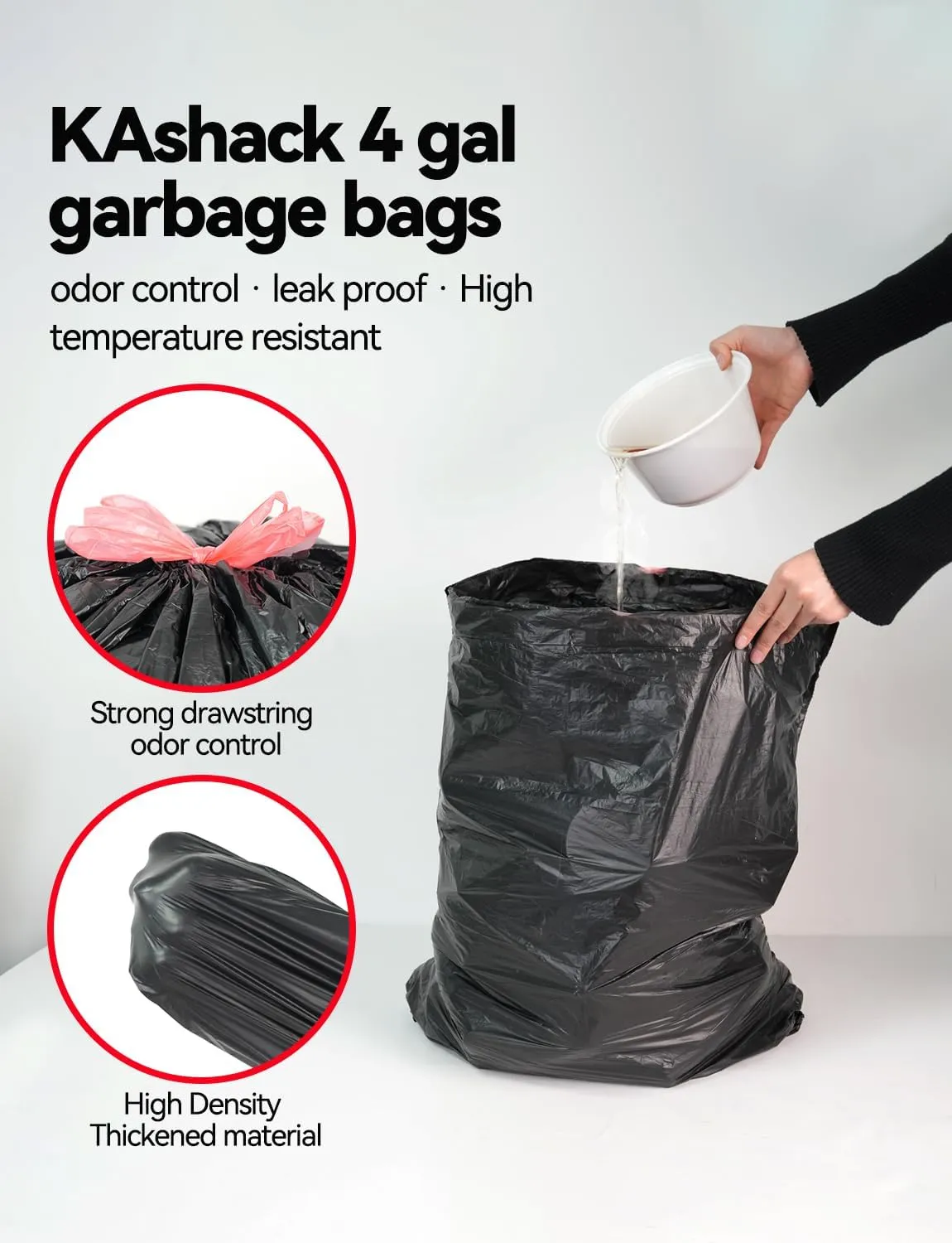 250 Count 4 Gallon small trash bags Bathroom kitchen bathroom garbage bags with drawstring Ultra Strong Thick Plastic trash can liners for Office Bedroom Unscented 4Gallon (Black,250 Count)