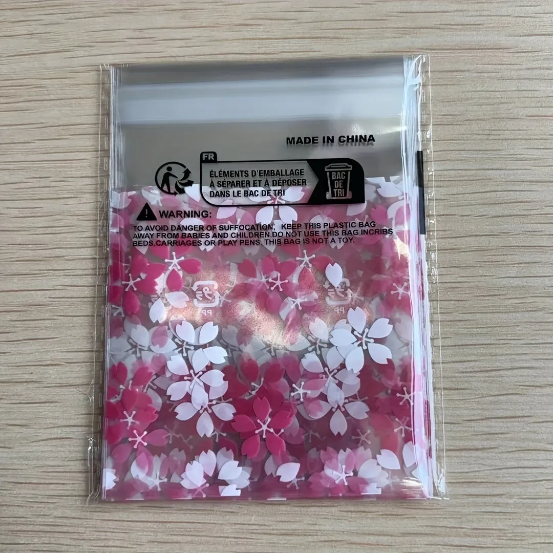 25PCS Floral Printed Polypropylene Gift Bags with Sakura Blossom Design – Clear, Durable OPP Plastic Pouches for Packaging Jewelry, Cookies, and Favors, Ideal for Party and Wedding Gifts