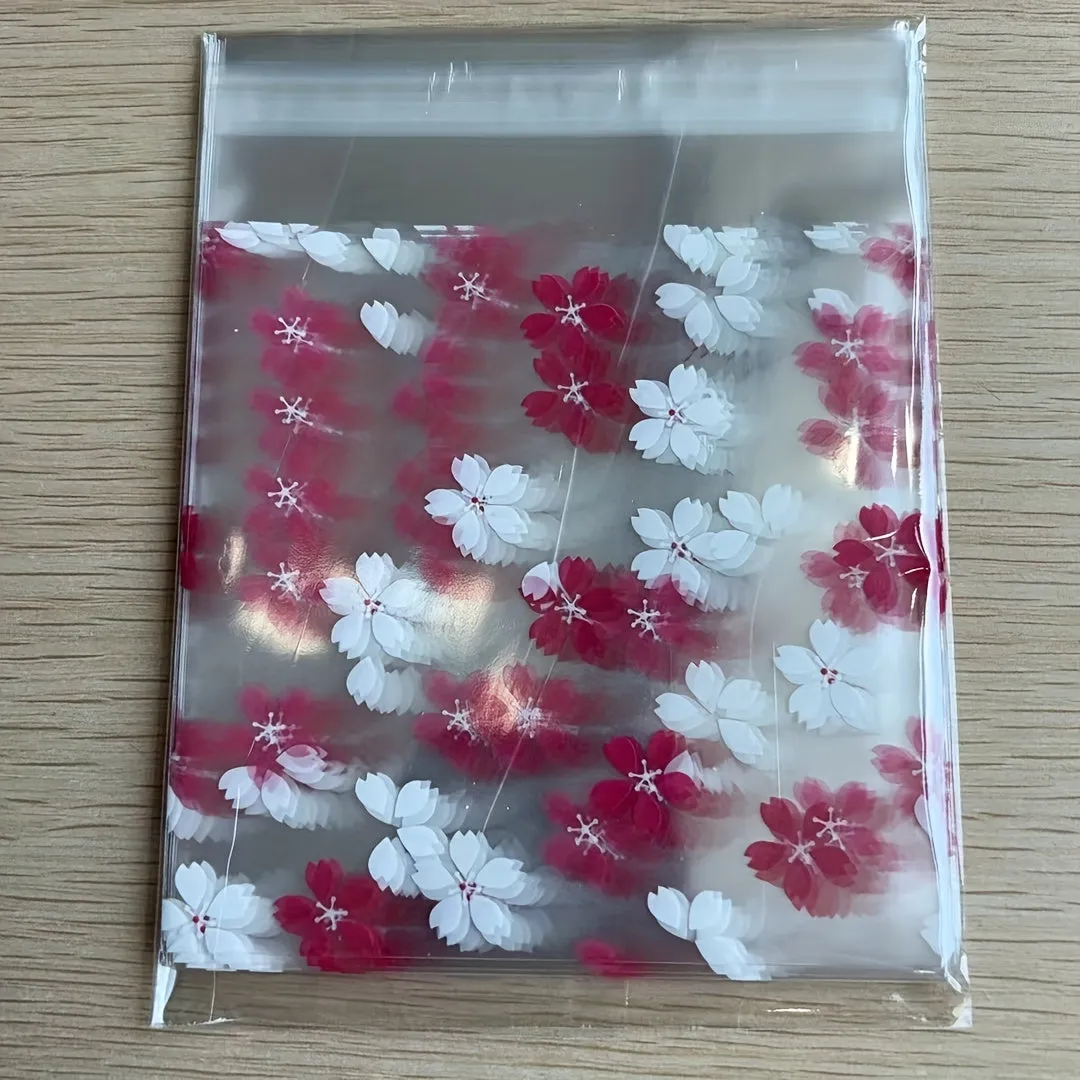 25PCS Floral Printed Polypropylene Gift Bags with Sakura Blossom Design – Clear, Durable OPP Plastic Pouches for Packaging Jewelry, Cookies, and Favors, Ideal for Party and Wedding Gifts