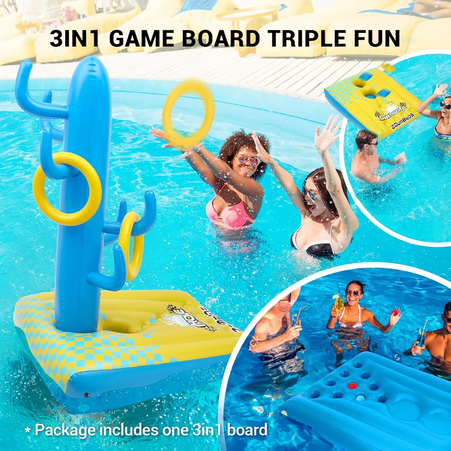 2in1 Cornhole, 6 Bean Bags & Ring Toss with Anchor Bags, Inflatable Cornhole Pool Game Floating, Pool Toys for Adults Teens and Family