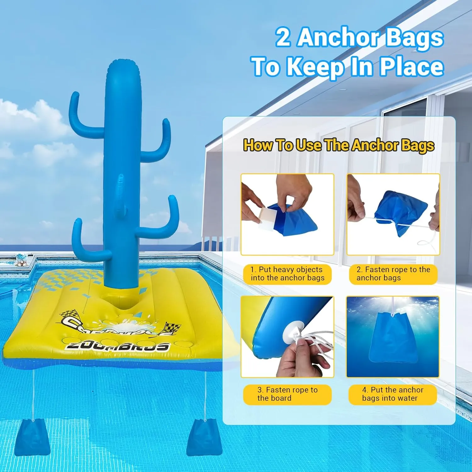 2in1 Cornhole, 6 Bean Bags & Ring Toss with Anchor Bags, Inflatable Cornhole Pool Game Floating, Pool Toys for Adults Teens and Family