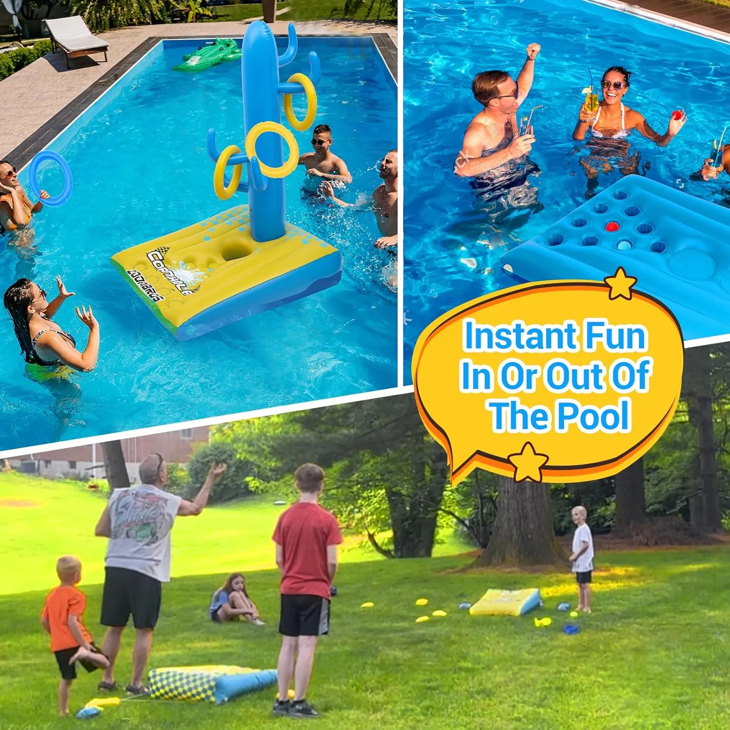 2in1 Cornhole, 6 Bean Bags & Ring Toss with Anchor Bags, Inflatable Cornhole Pool Game Floating, Pool Toys for Adults Teens and Family