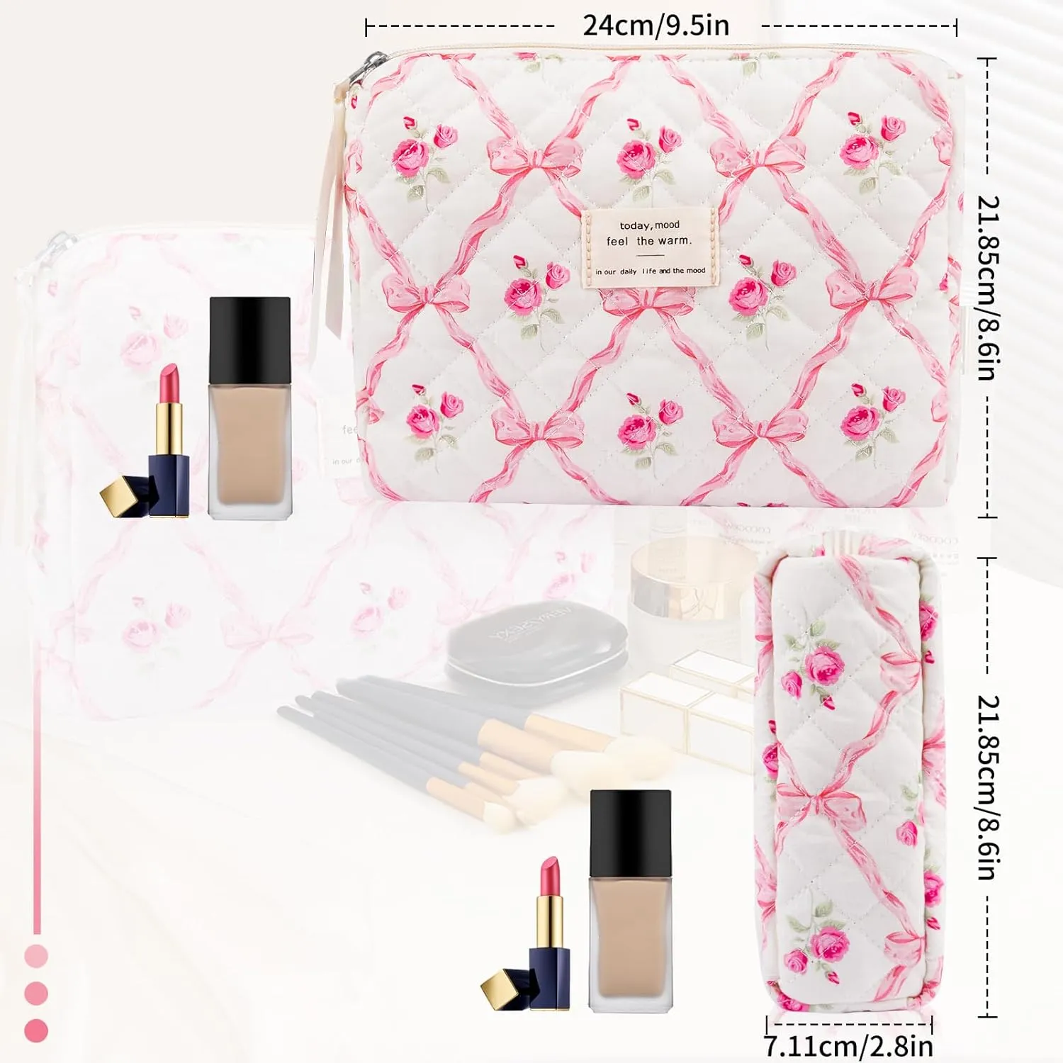 2PC Makeup Bag Set, Cute Cosmetic Bag for Women Girls, Floral Coquette Aesthetic Toiletry Bag, Travel Make Up Organizer Bag (Pink bow)