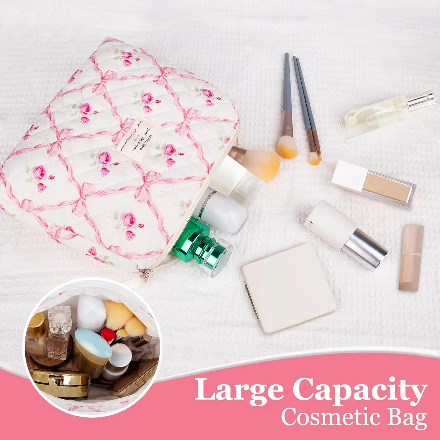 2PC Makeup Bag Set, Cute Cosmetic Bag for Women Girls, Floral Coquette Aesthetic Toiletry Bag, Travel Make Up Organizer Bag (Pink bow)