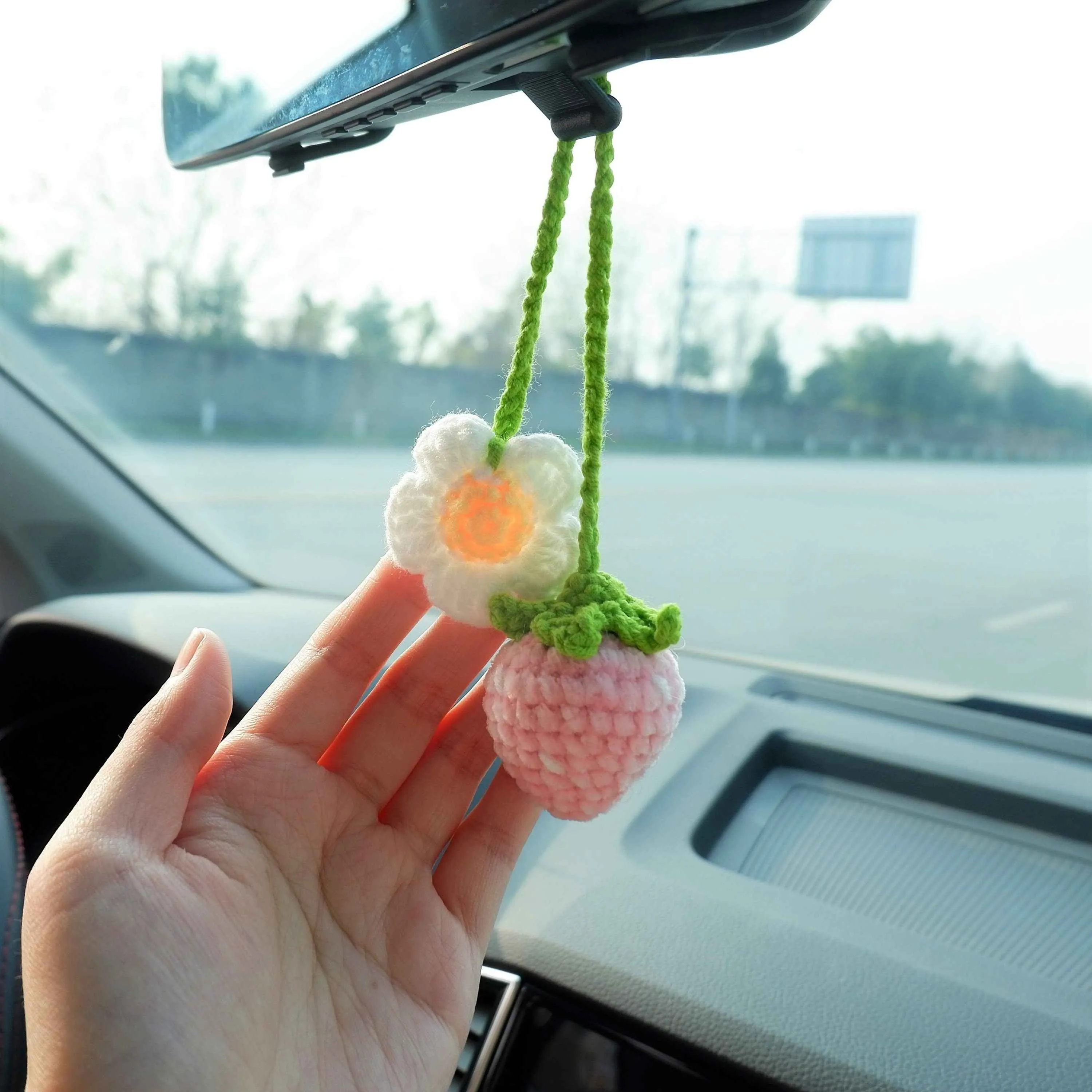 2Pcs Crochet Strawberry Car Mirror Accessory