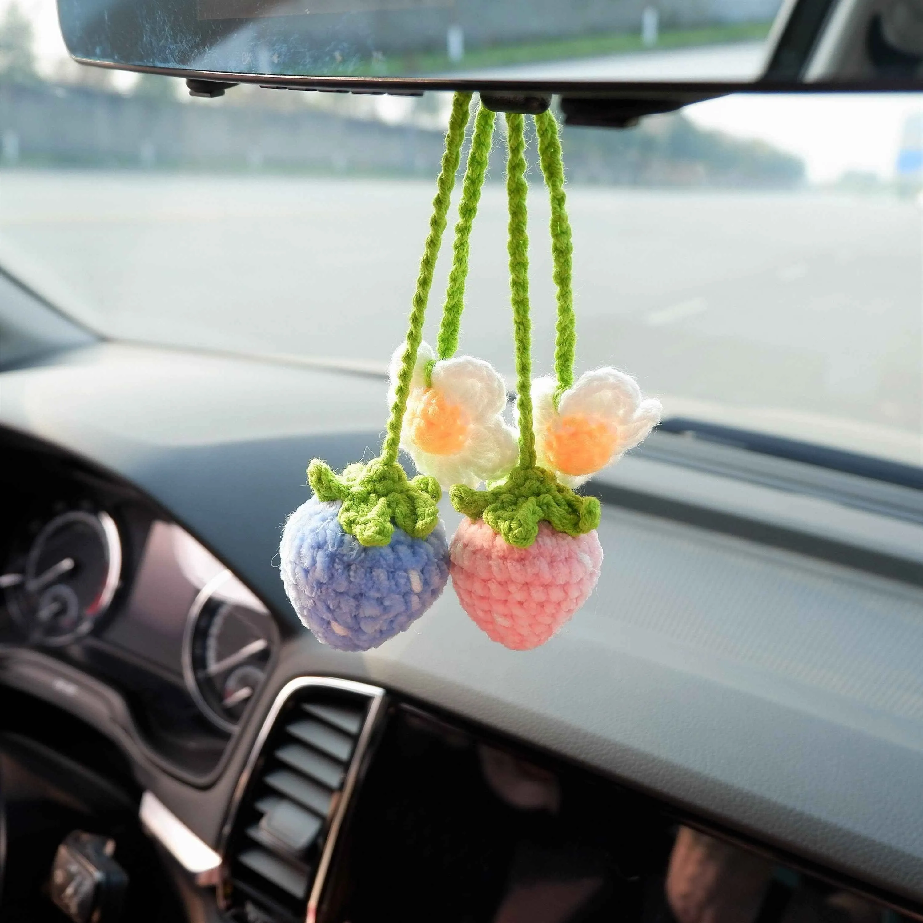 2Pcs Crochet Strawberry Car Mirror Accessory