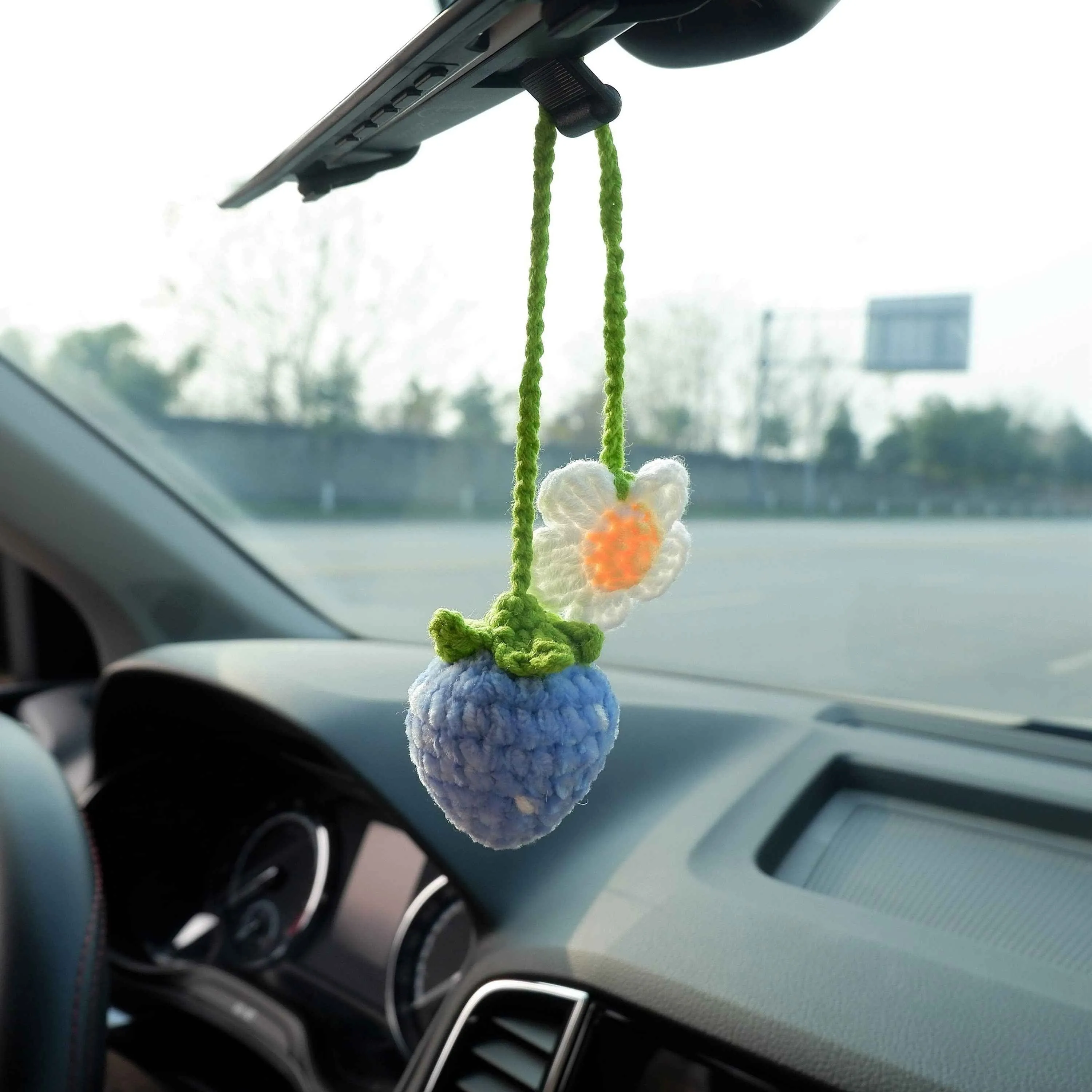 2Pcs Crochet Strawberry Car Mirror Accessory