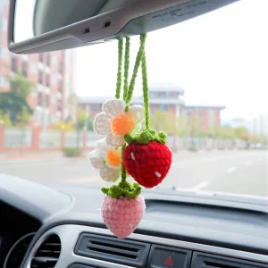 2Pcs Crochet Strawberry Car Mirror Accessory