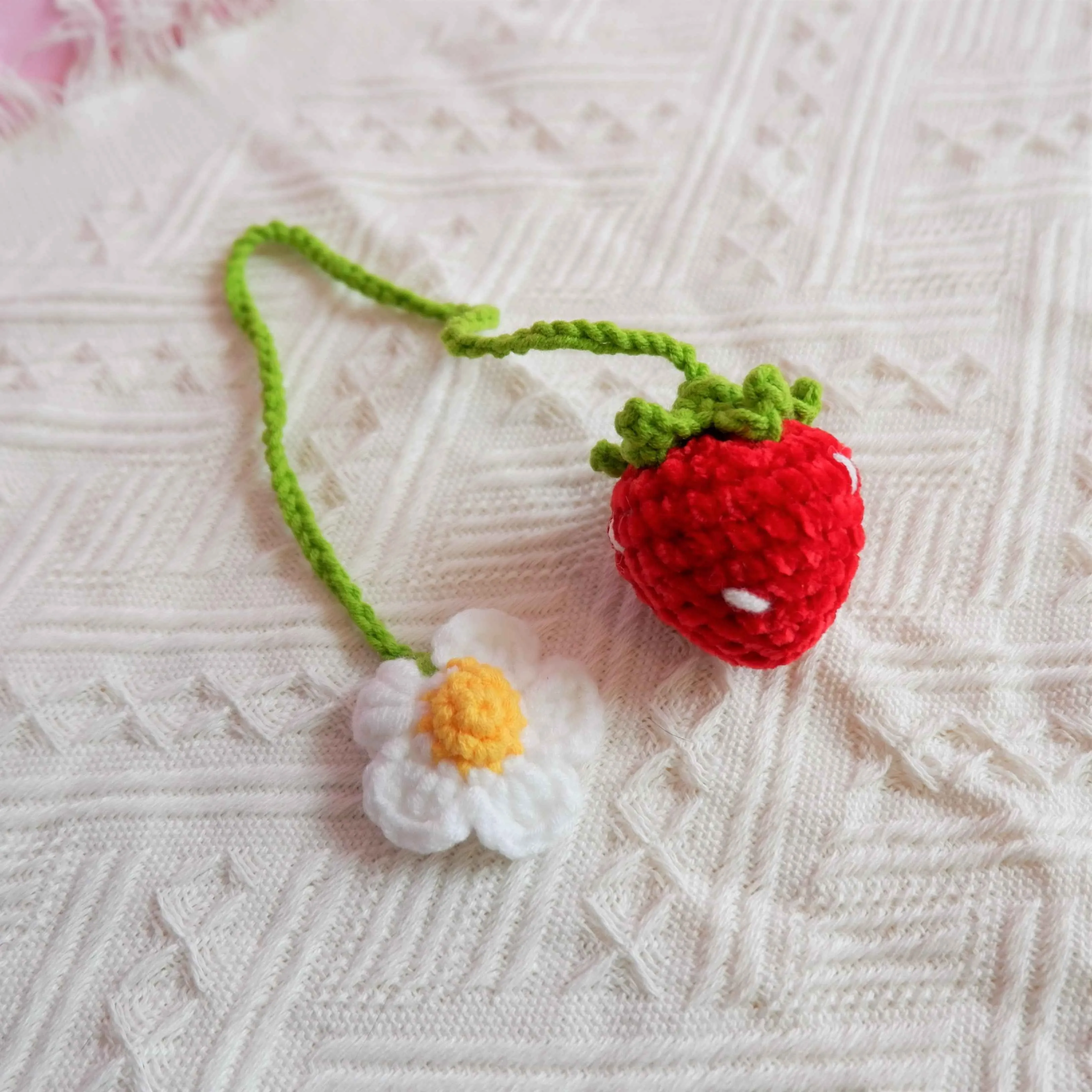 2Pcs Crochet Strawberry Car Mirror Accessory
