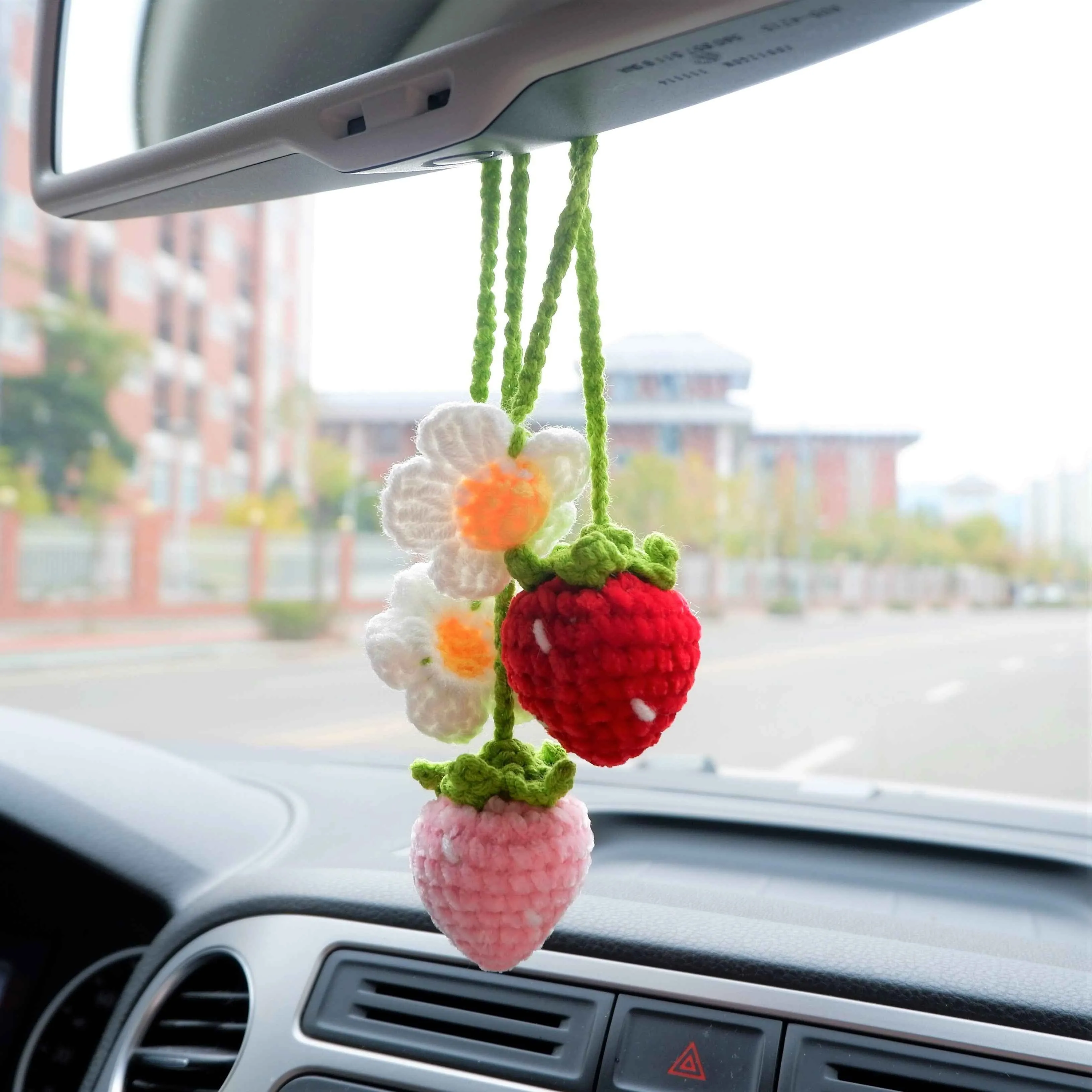 2Pcs Crochet Strawberry Car Mirror Accessory