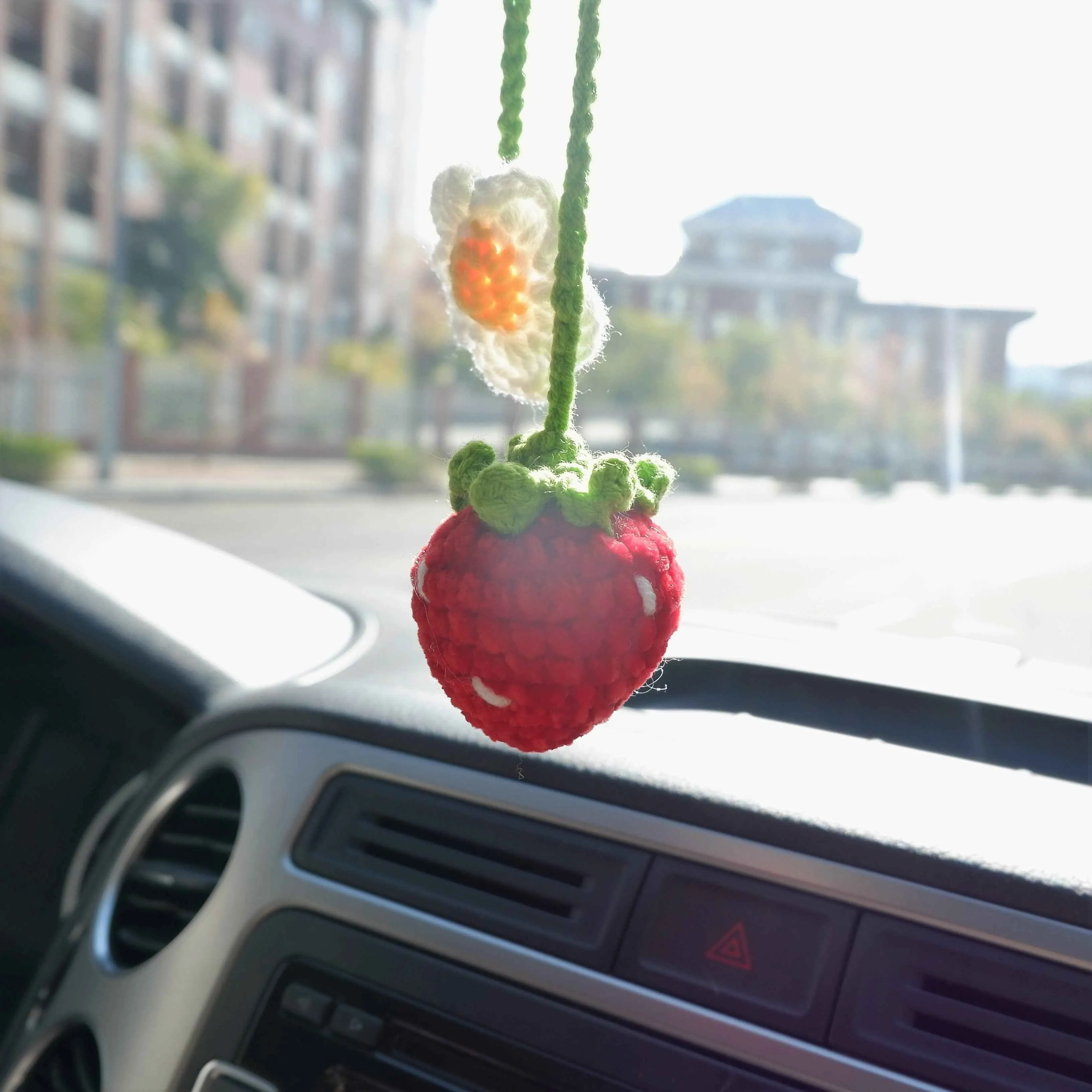 2Pcs Crochet Strawberry Car Mirror Accessory