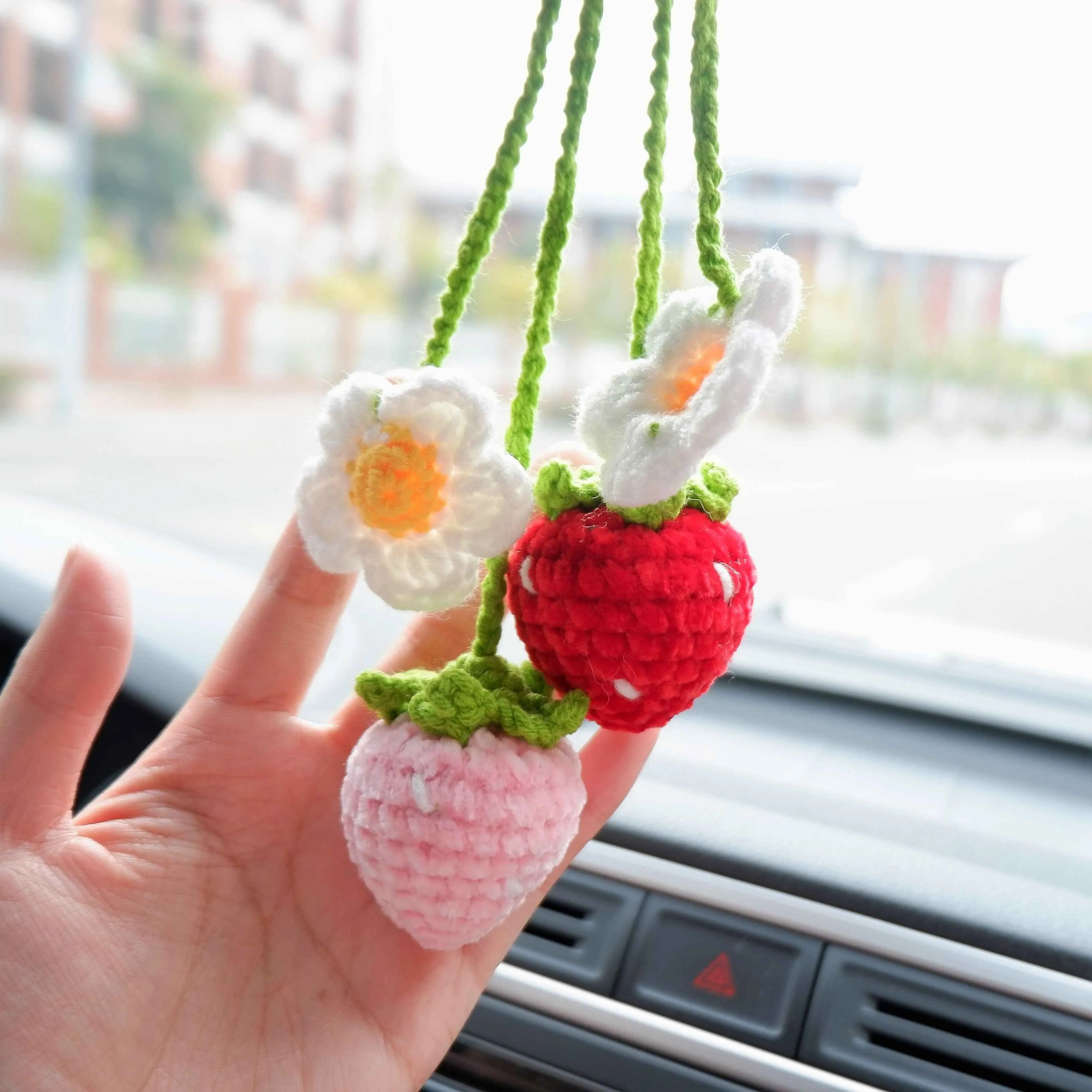 2Pcs Crochet Strawberry Car Mirror Accessory