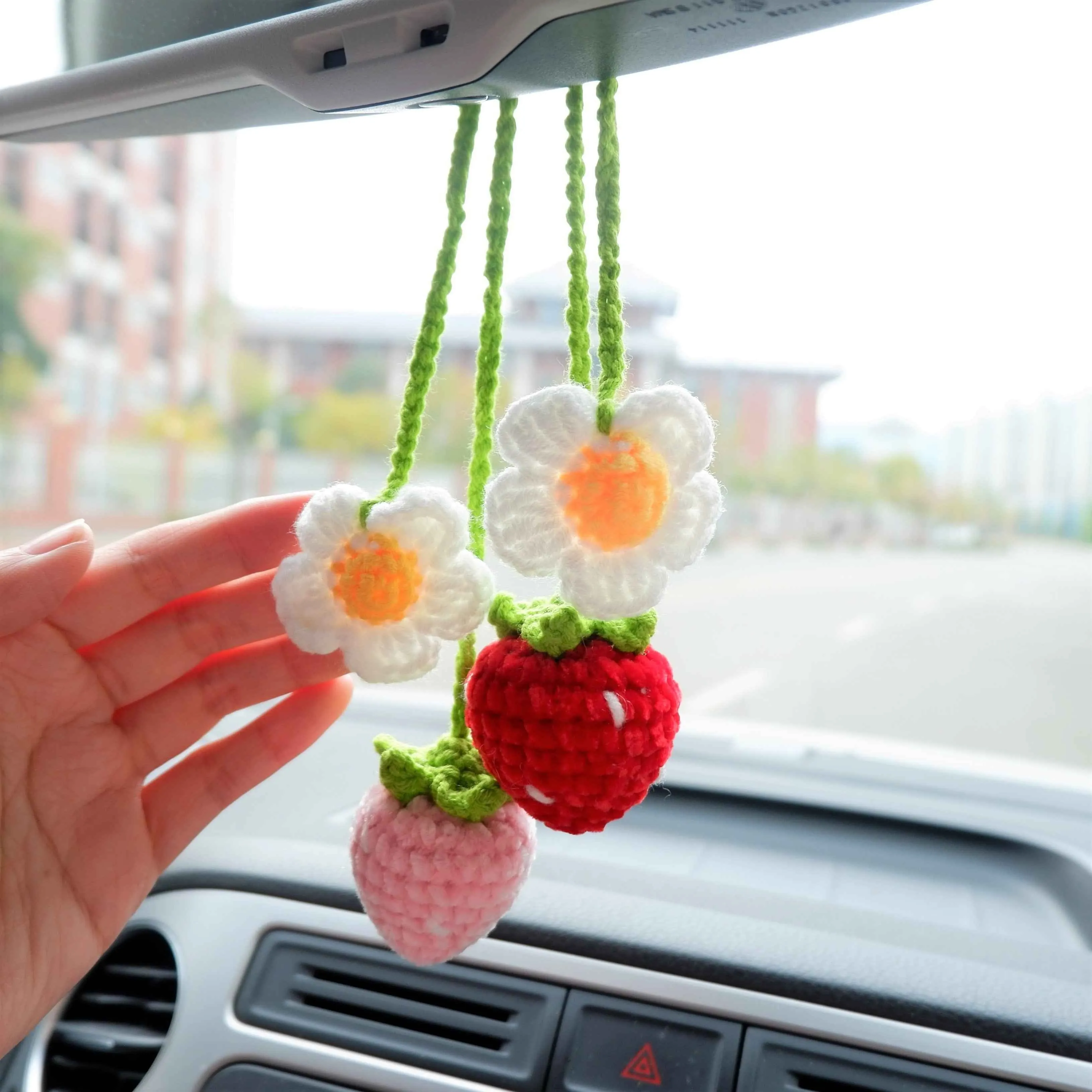 2Pcs Crochet Strawberry Car Mirror Accessory