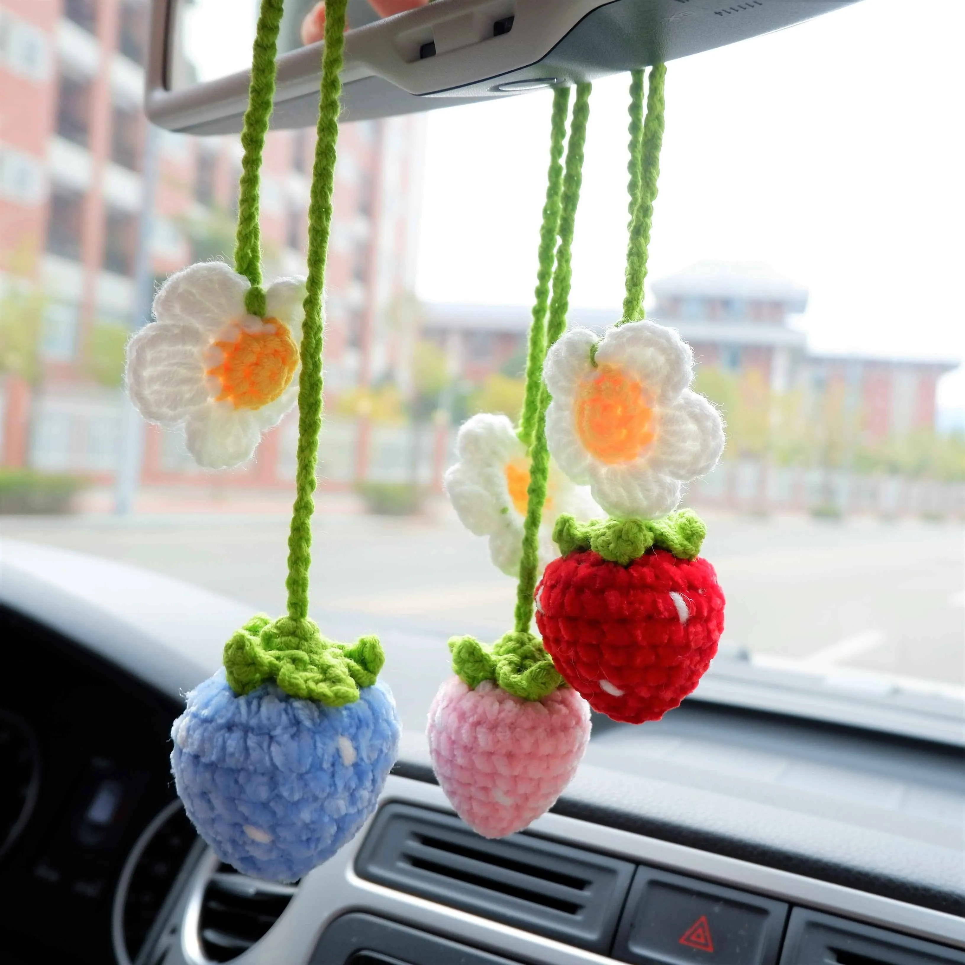 2Pcs Crochet Strawberry Car Mirror Accessory