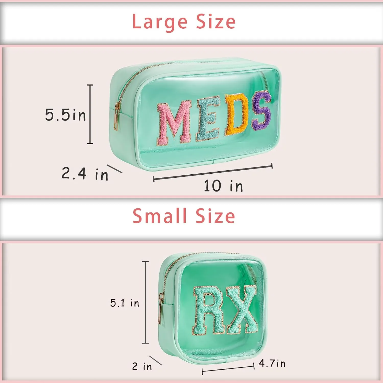 2Pcs Large Chenille Letter Clear Medicine Makeup Bag Set,Nylon PVC Waterproof Rx Meds Pouch with Metal Zipper, Cute Drug First Aid Travel Organizer for Women Girls(2pcs Mint)