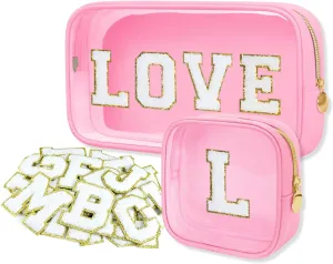 2PCS Personalized Makeup Preppy Bag Set, 2PCS Toiletry Bag & 26 Chenille Letters, Clear Makeup Pouch, Birthday Gifts for Girls (Pink)