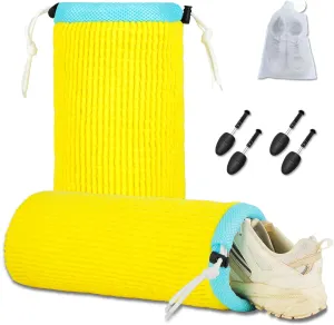 2Pcs Shoe Washing Machine Bag with Secure Drawstring Closure，Reusable Shoe Washing Bag，Shoe Cleaning Bag for All Shoe Types，Includes 2 Shoe Storage Dust Bags And 2 Adjustable Shoe Trees (Yellow)
