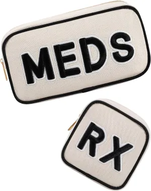 2Pcs Small Canvas Rx MEDS Medicine Packages, Cute Chenille Letter Patch Drug Makeup Bag with Metal Zipper, Mini Travel First Aid Purse Organizer Machine Washable (05RX and MEDS)