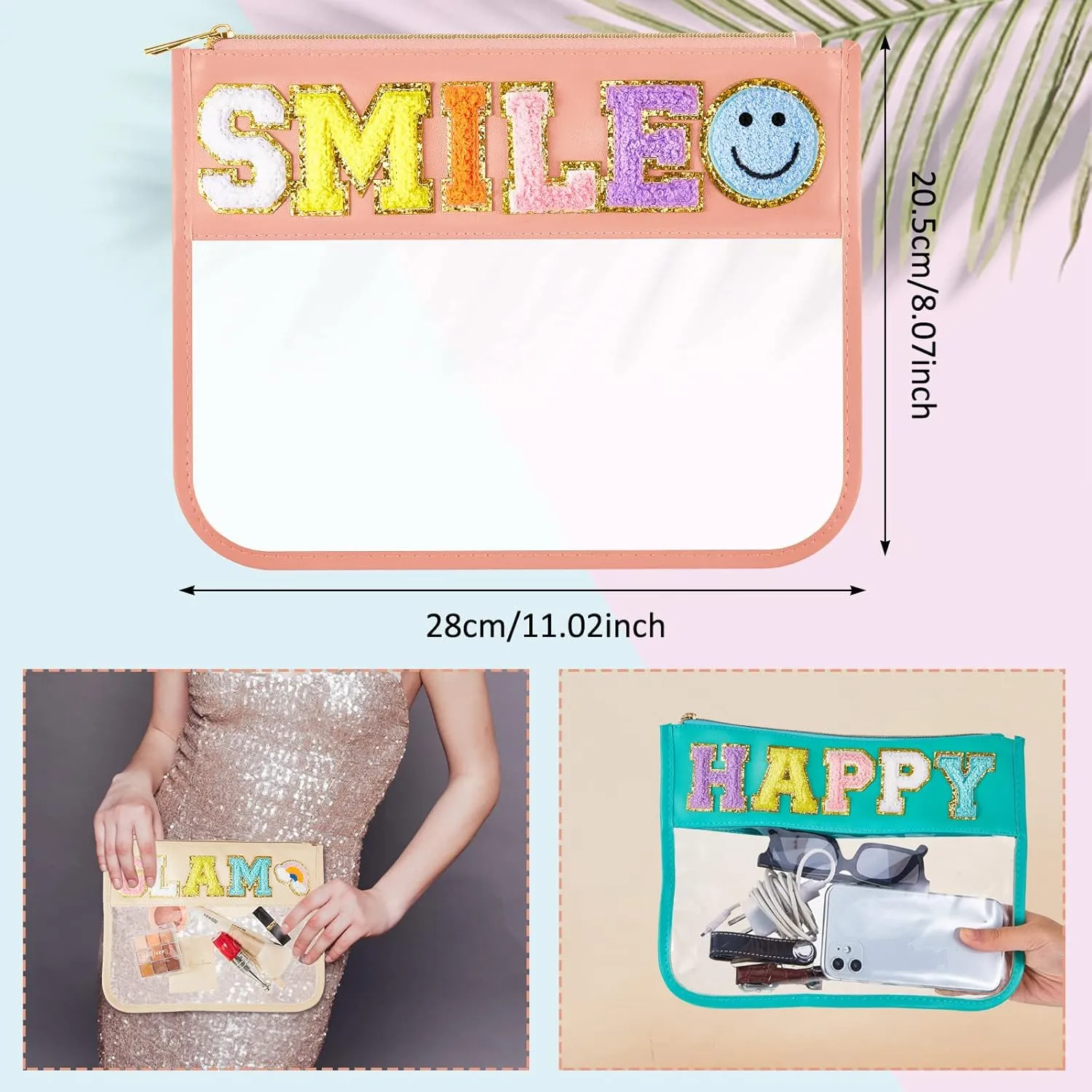 3 Pcs Chenille Letter Zipper Pouch for Travel Clear Snack Bags Waterproof Cosmetic Pouch Nylon Gym Beach Multipurpose Makeup Bag for Women Girl(Happy, Glam, Smile,Bright Color)
